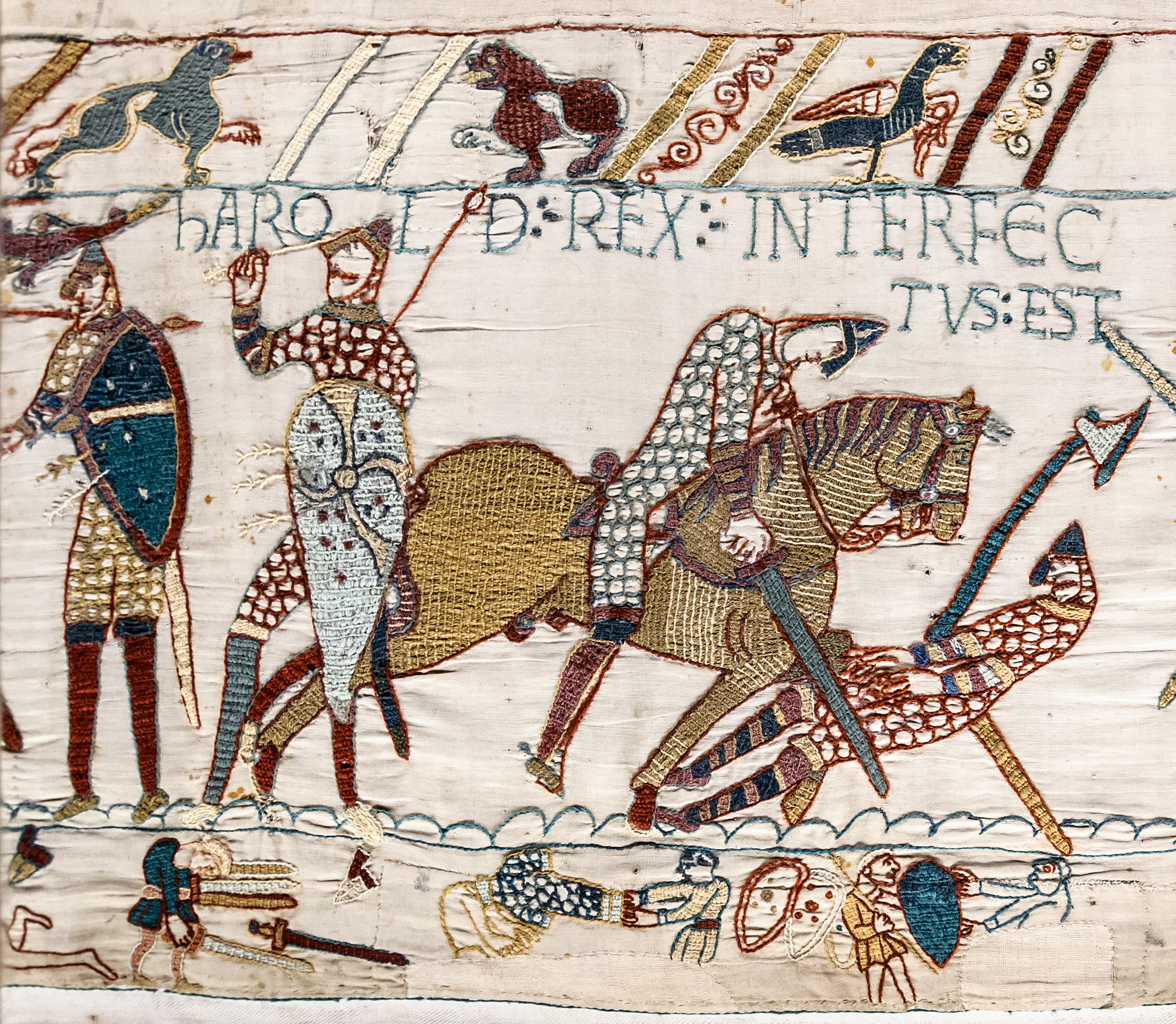 Bayeux Tapestry, Scene 57: The Death of Harold at the Battle of Hastings, c. 1070. Wool embroidery on linen. Bayeux Museum, Normandy.