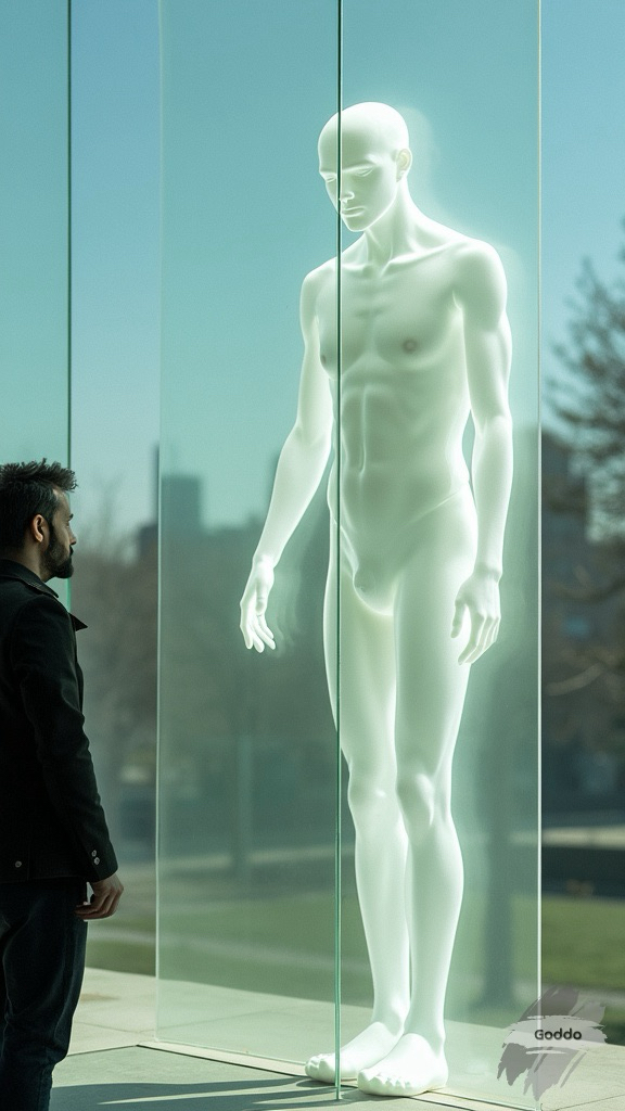 The image depicts a translucent, humanoid figure appearing to emerge from a glass wall, with an ethereal quality that gives it a ghostly presence. The figure's facial features are faint and somewhat indistinct, creating an impression of fragility. It stands with one hand pressed against the glass, fingers slightly splayed, as if trying to connect with the outside world. In the foreground, a man in a dark outfit faces the figure, exuding a mixture of curiosity and contemplation. The background features blurred silhouettes of trees and structures, suggesting an outdoor setting. The lighting is bright and minimal, highlighting the figure's translucent form against a clear blue sky. The contrast between the solid man and the ethereal figure evokes a sense of longing and introspection, enhancing the overall surreal atmosphere of the scene.