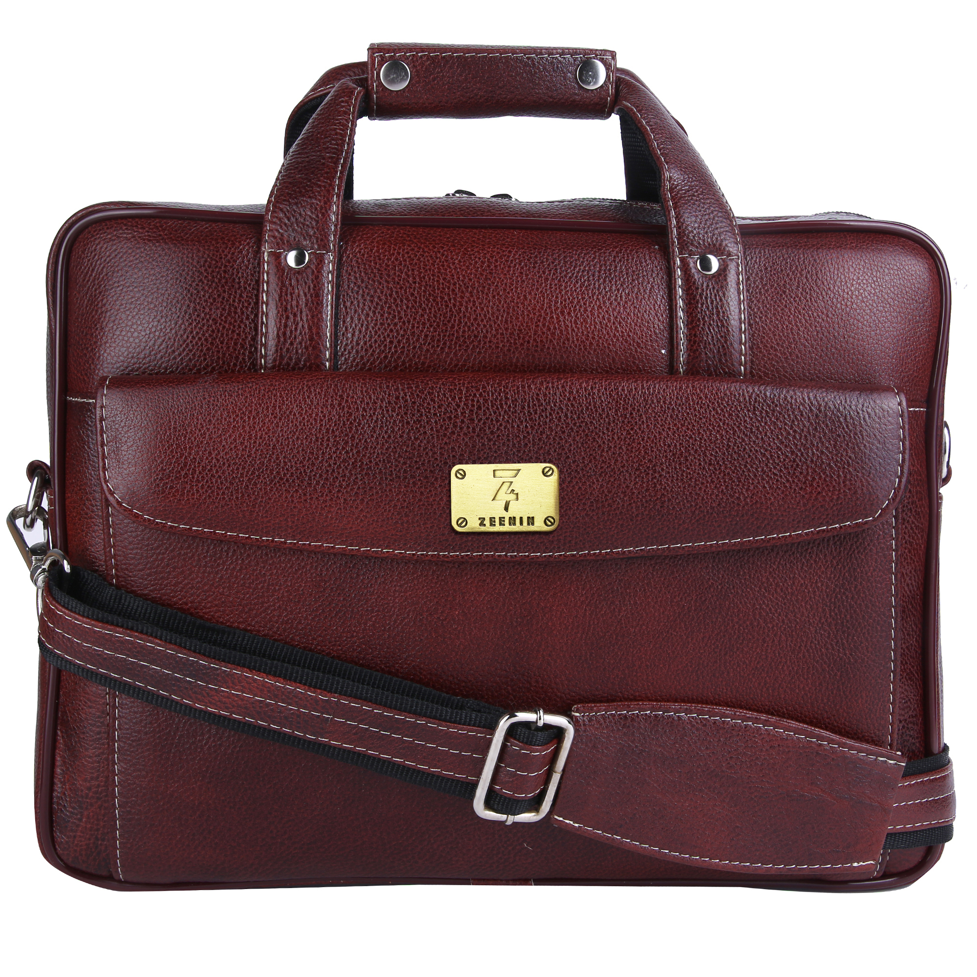 Zeenin Pure Genuine Leather 14.5 Inch Briefcase Laptop Messenger Satchel Office Bag, Dark Brown