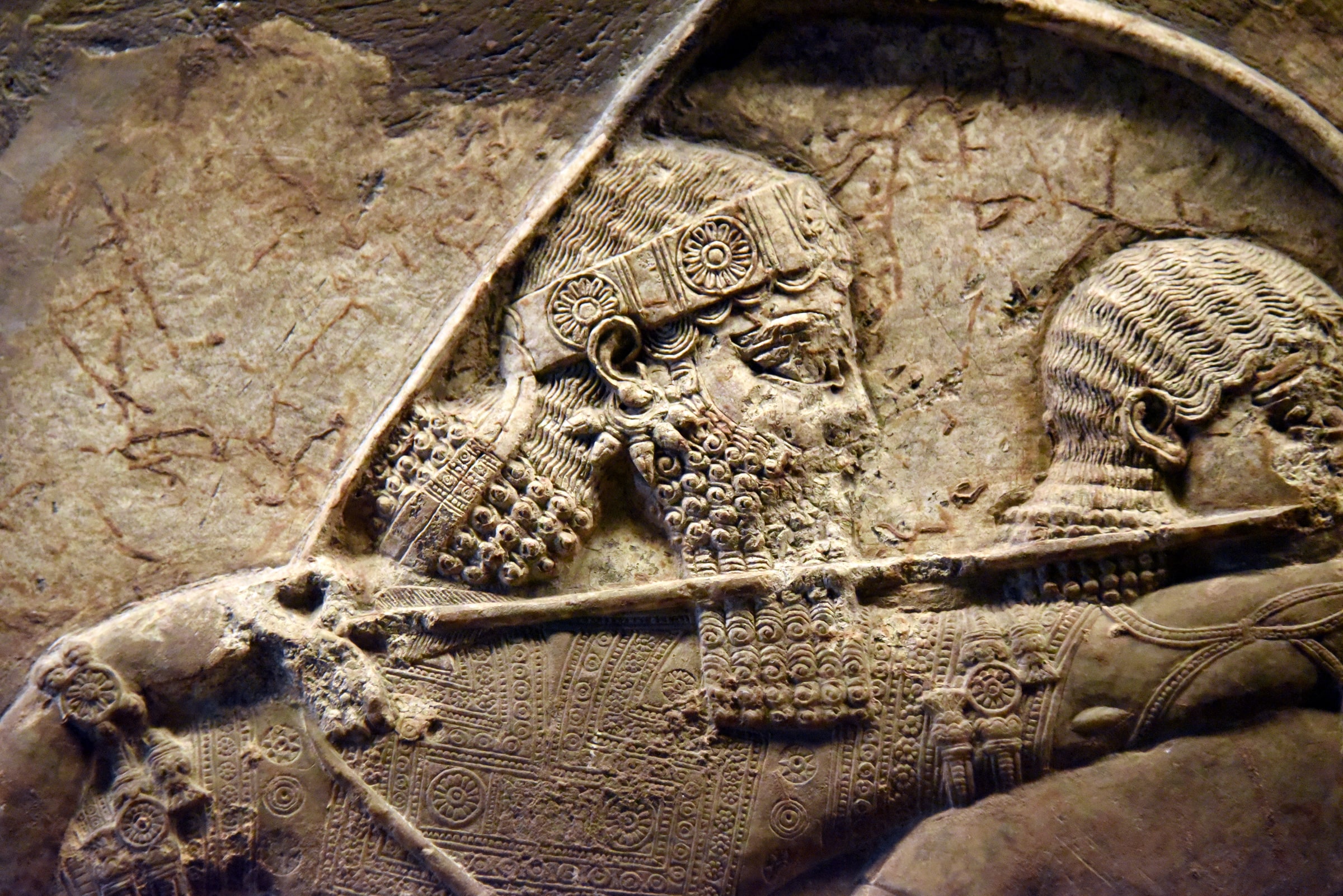 Assyrian king Ashurbanipal, detail of a lion-hunt scene from Ninevah, Iraq. British Museum, London