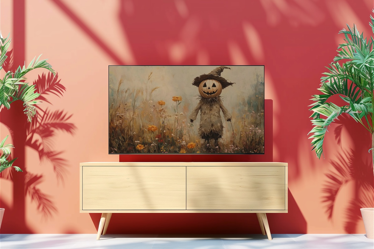 Scarecrow Amid Wildflower Whimsy Halloween Frame TV Art