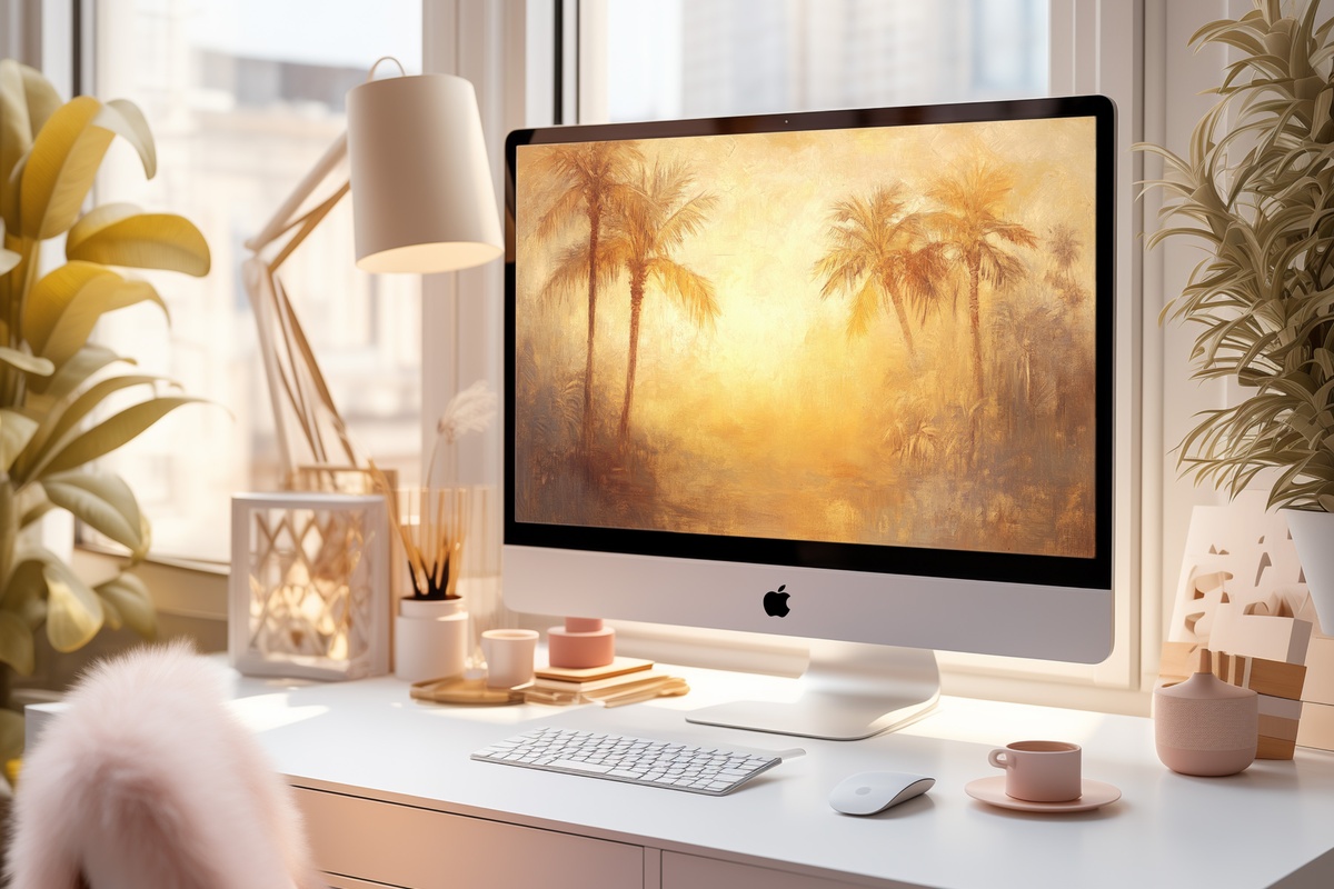Lush Golden Dreams Desktop Wallpaper — 4K golden palm trees in warm tropical summer tones