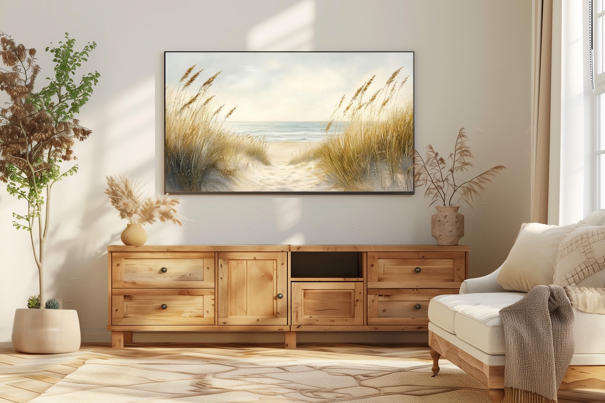 Whispering Coastal Breeze Summer Frame TV Art — beach dunes and wild grass in a muted coastal palette