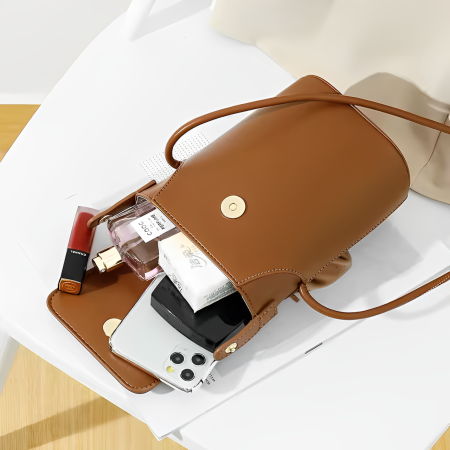 Morral café, cuero pu, 18x9x14.5cm