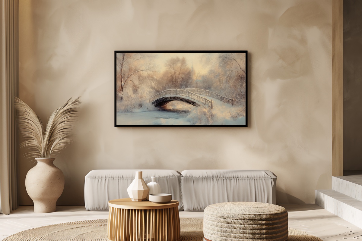 Winter's Silent Crossing Frame TV Art — snow-covered bridge in winter