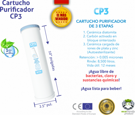 CP3 Cerámica Diatomita, Carbón Activado Sinterizado e iones de Plata