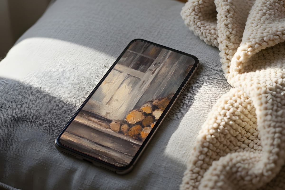 Firewood-Strewn Farmhouse Porch iPhone Wallpaper in rustic tones