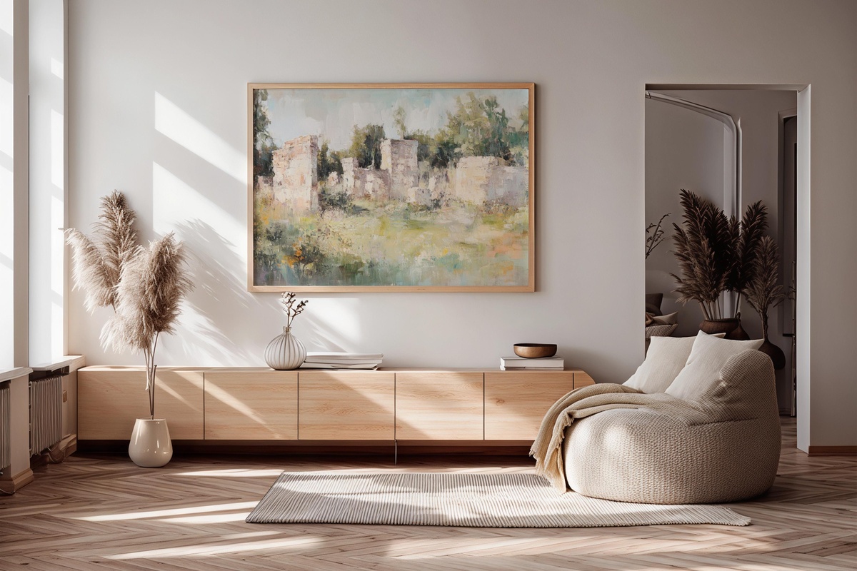 Timeless Echoes Among Ruins Vintage Printable Wall Art — ancient ruins in a lush green field
