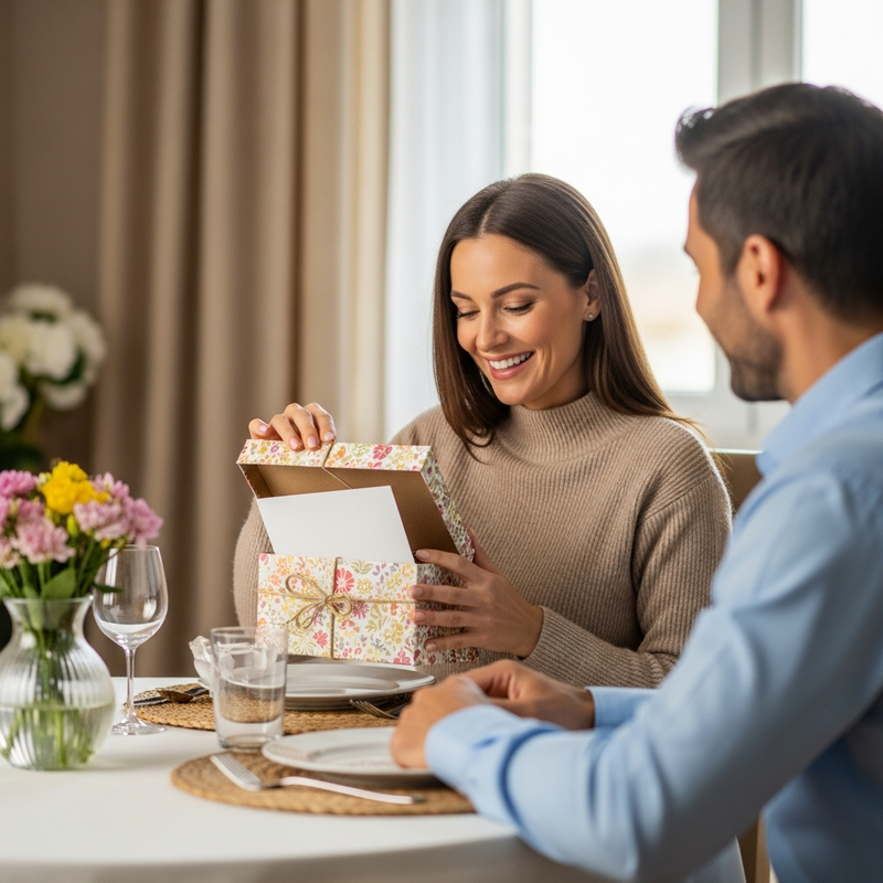 Donna che riceve e apre un regalo con nastro di pizzo per l’anniversario, in un soggiorno luminoso e romantico