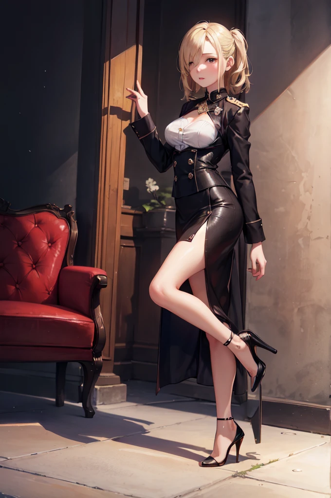 金髪タイト制服 by アスヘノキボウ with blonde, high heels, bewitching thighs, latex, leather, uniform, miniskirt, ai art, Koushuu/Sawamura