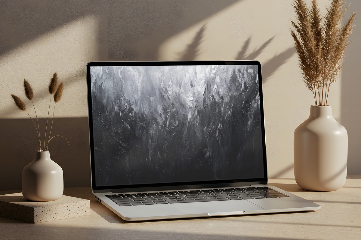 Energetic Brushwork Dynamics Black and White Laptop Wallpaper