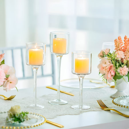 Set candelabros vidrio, 20cm-23cm-26cm