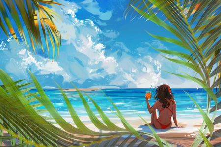 Girl on a beach drinking a cocktail