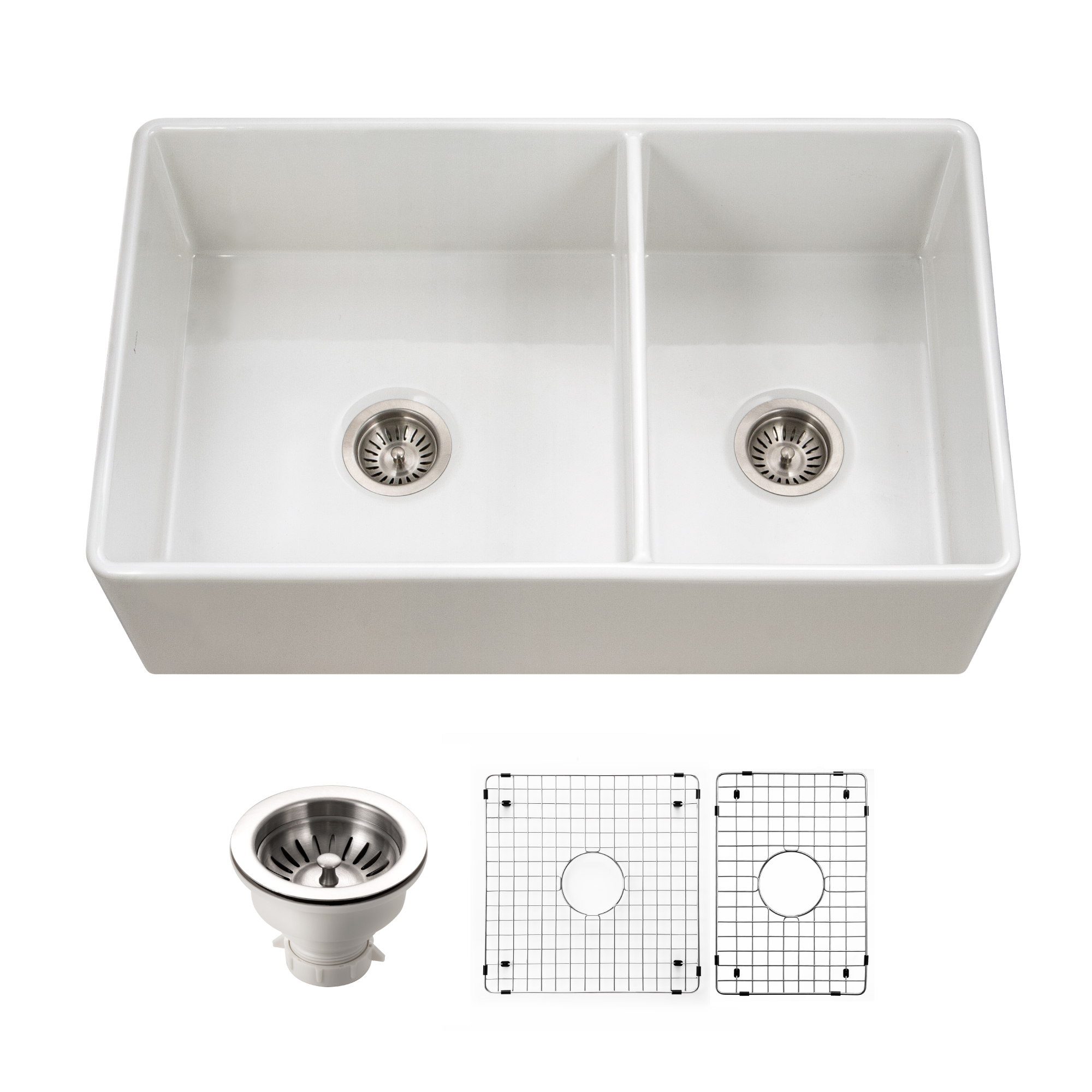 Houzer Platus 33" Fireclay Farmhouse Sink, 60/40 Double Bowl, White, PTD-6040 WH