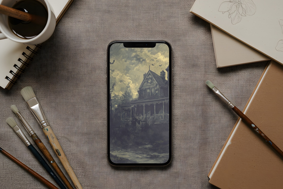 Haunted Mansion in Moonlit Mystery Halloween iPhone Wallpaper — muted blue and silver tones with moonlit gothic architecture