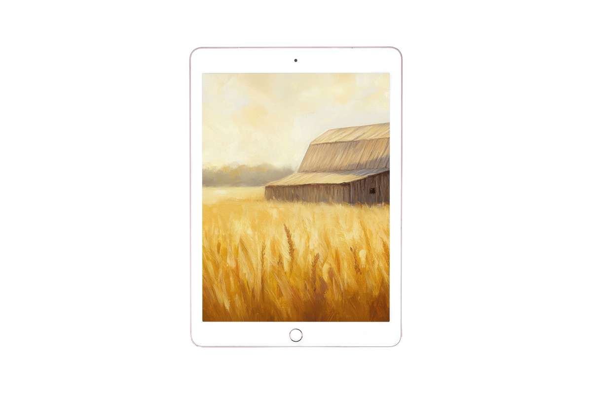 Wheatfield Barn in Golden Light farmhouse iPad wallpaper in ochre tones