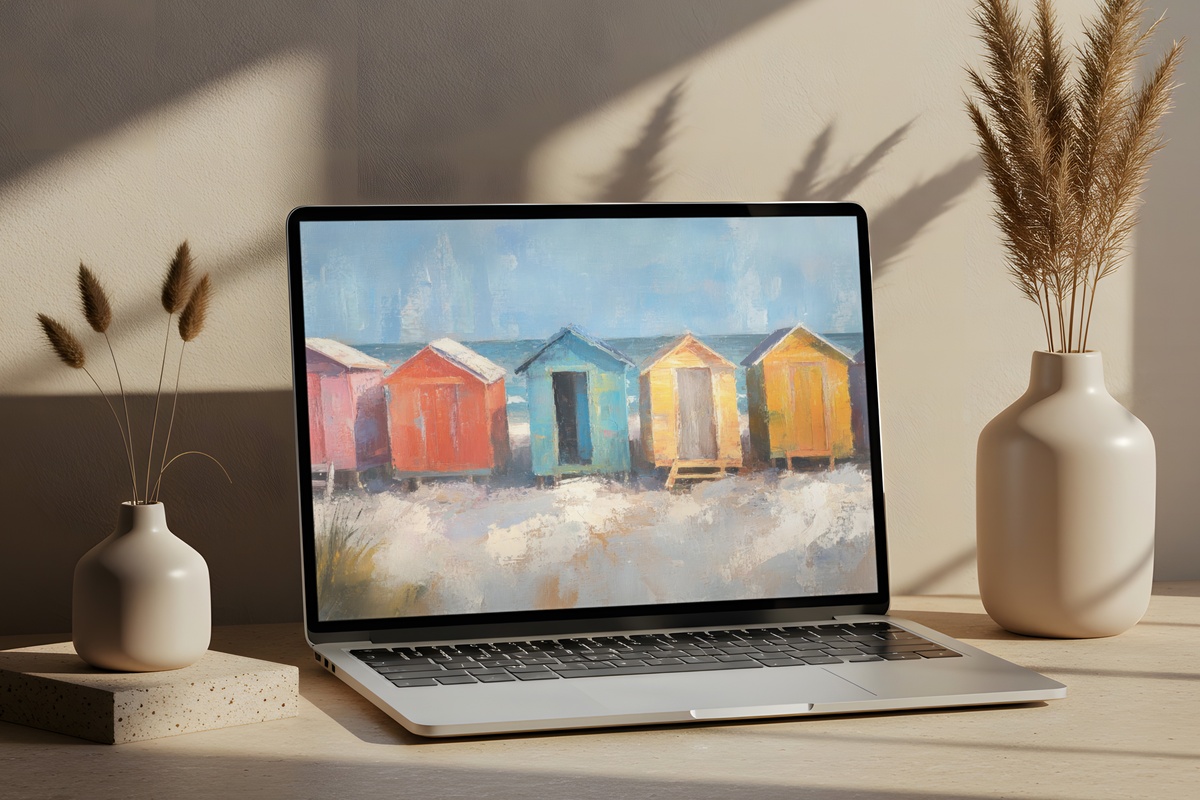 Vibrant Coastal Hut Harmony desktop wallpaper with colorful beach huts in impressionist style