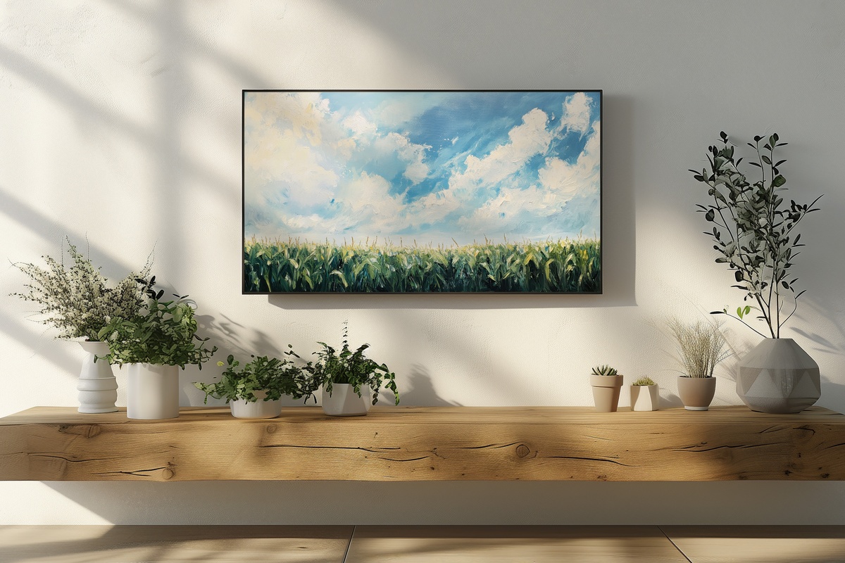 Cornfield in Blue Tranquility Farmhouse Frame TV Art