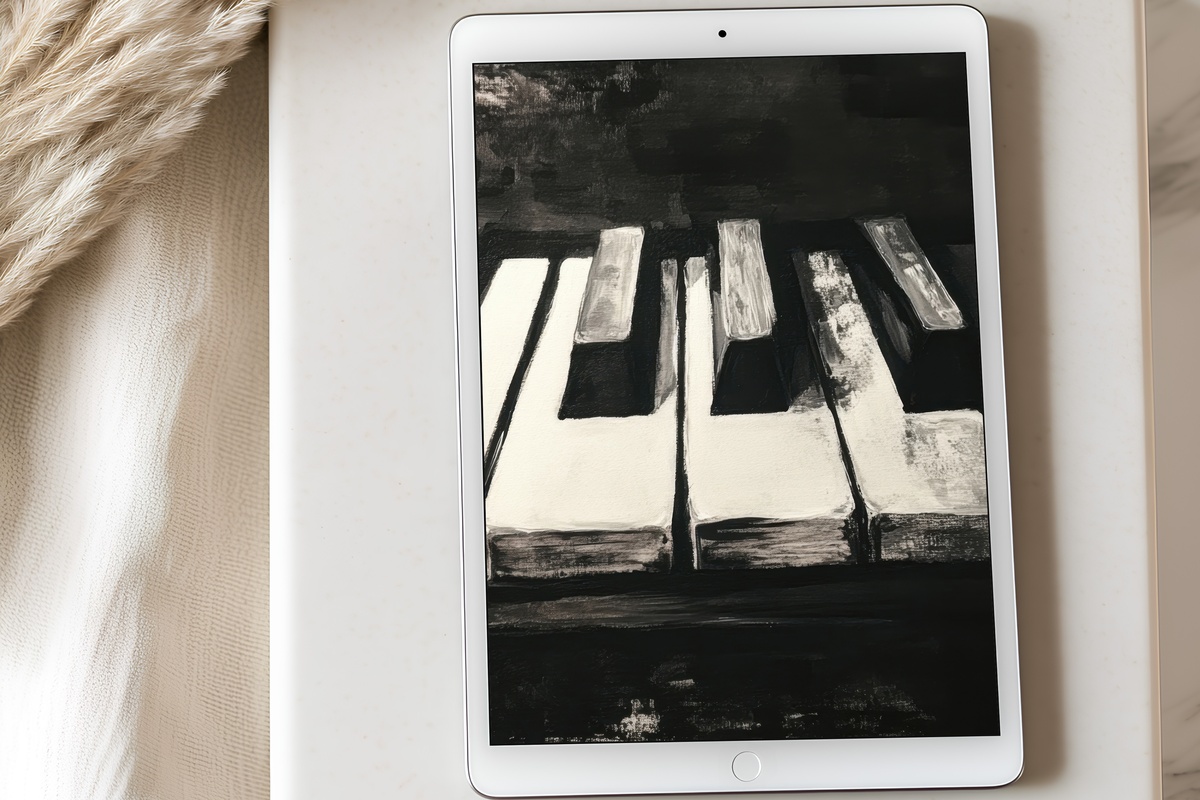 Timeless Piano Elegance Black and White iPad Wallpaper