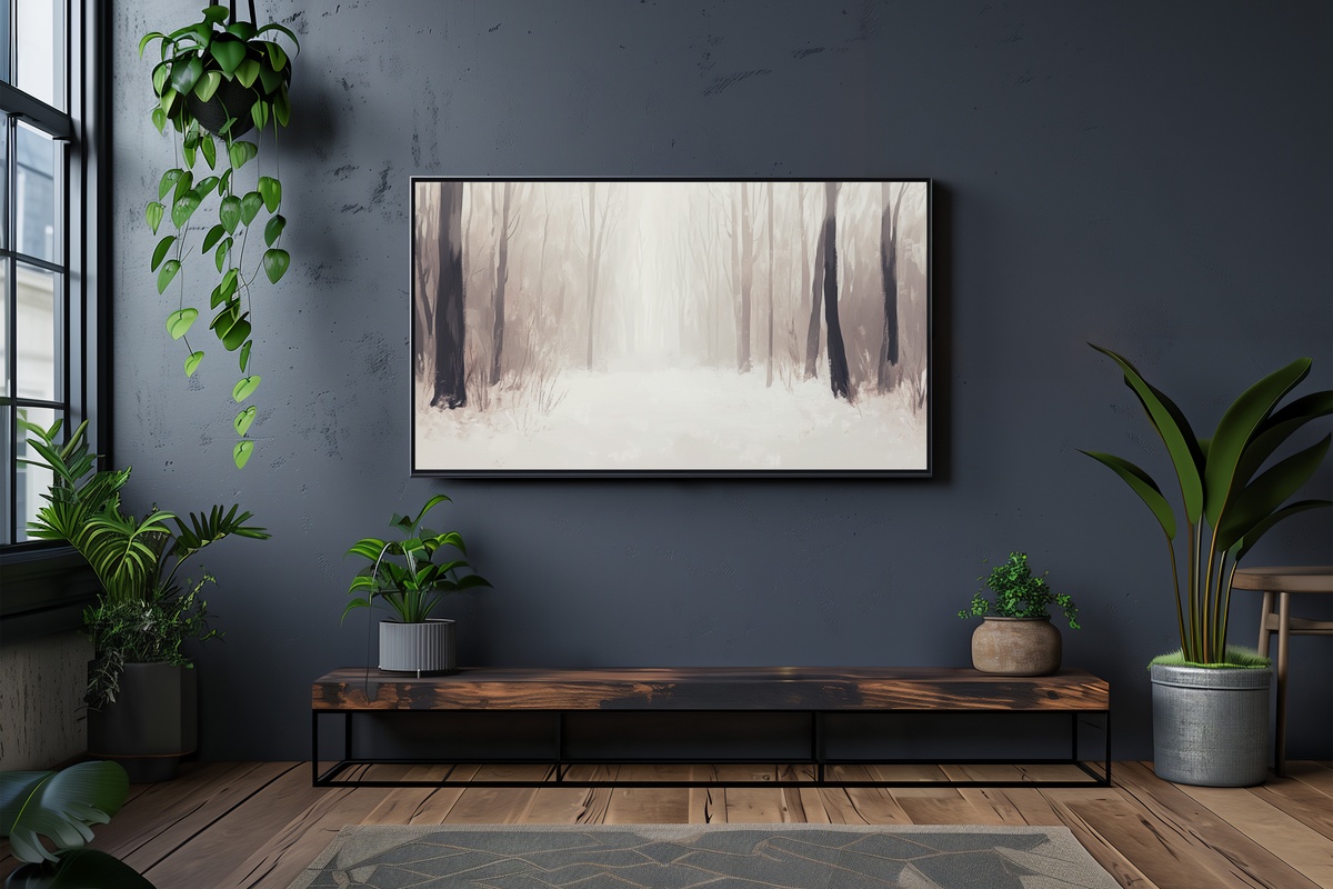 Fog Embraces Snowy Forest Frame TV Art - snowy forest in fog