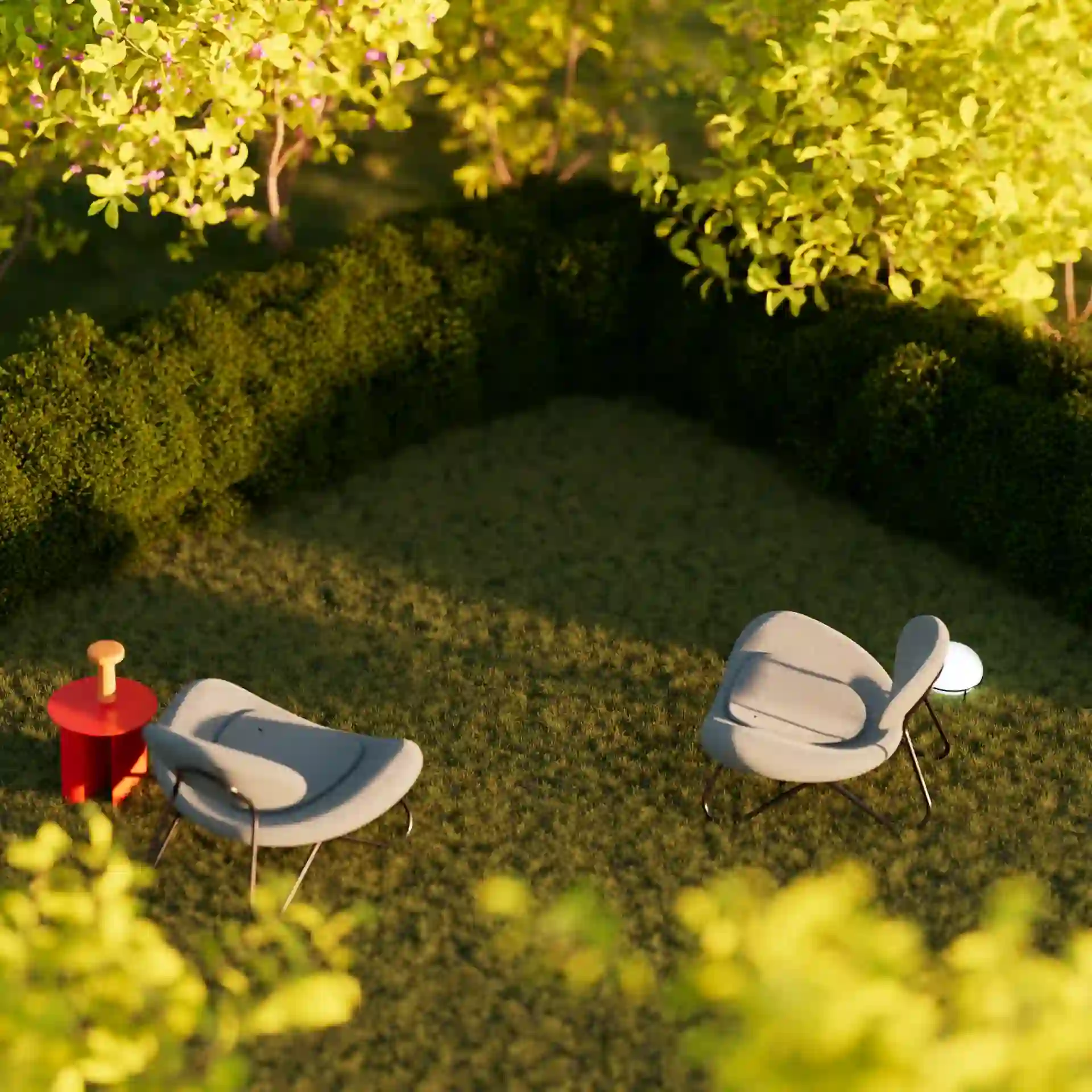3D rendered minimalist white lounge chair with wire legs next to a red side table with yellow knob on a sunlit grass surface