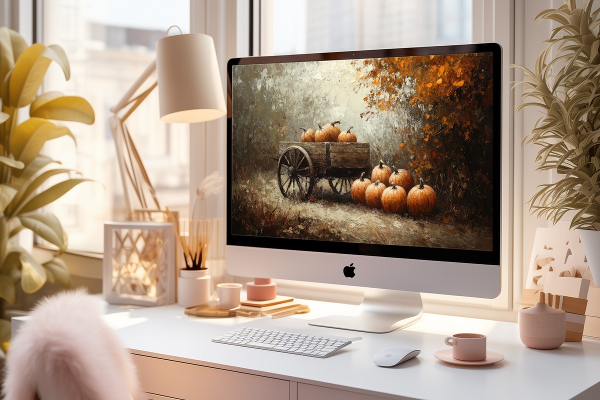 Pumpkin Cart Harvest Harmony Fall Desktop Wallpaper