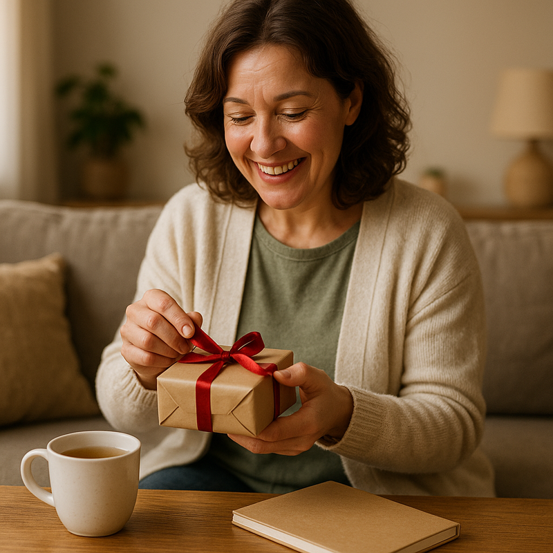 Travailleuse sociale souriante ouvrant un cadeau de remerciement dans une ambiance chaleureuse