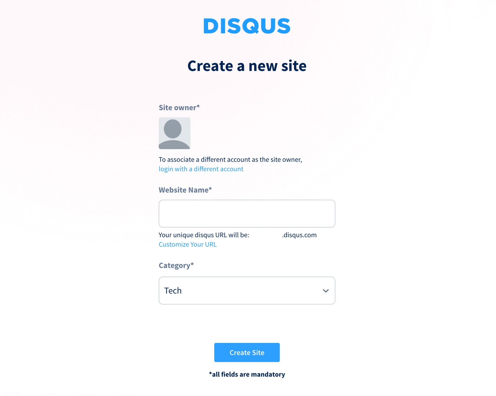 Disqus - Create a new site