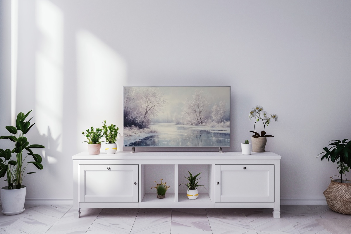Frosted River's Gentle Whisper Frame TV Art — icy river scene in cool blue and silver