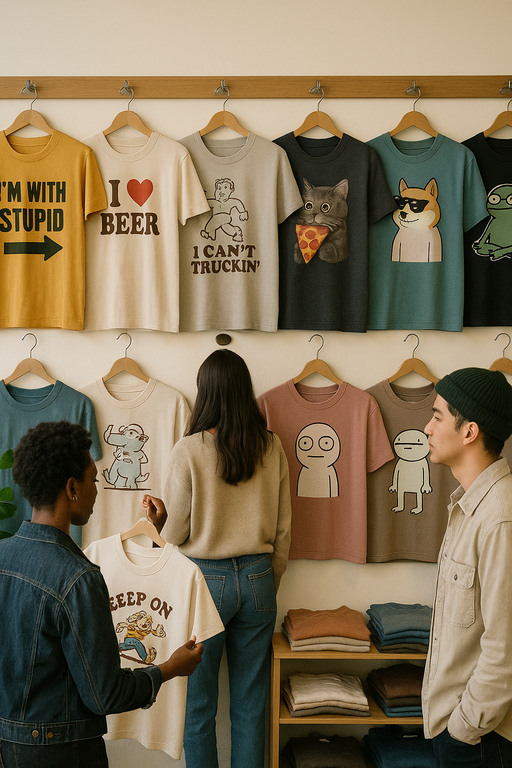Diverse group wearing stylish funny graphic T-shirts in urban setting