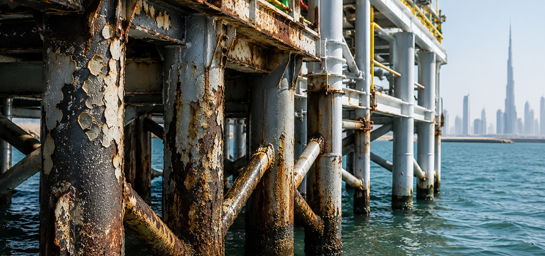 Corroded marine steel structure in a UAE coastal environment.