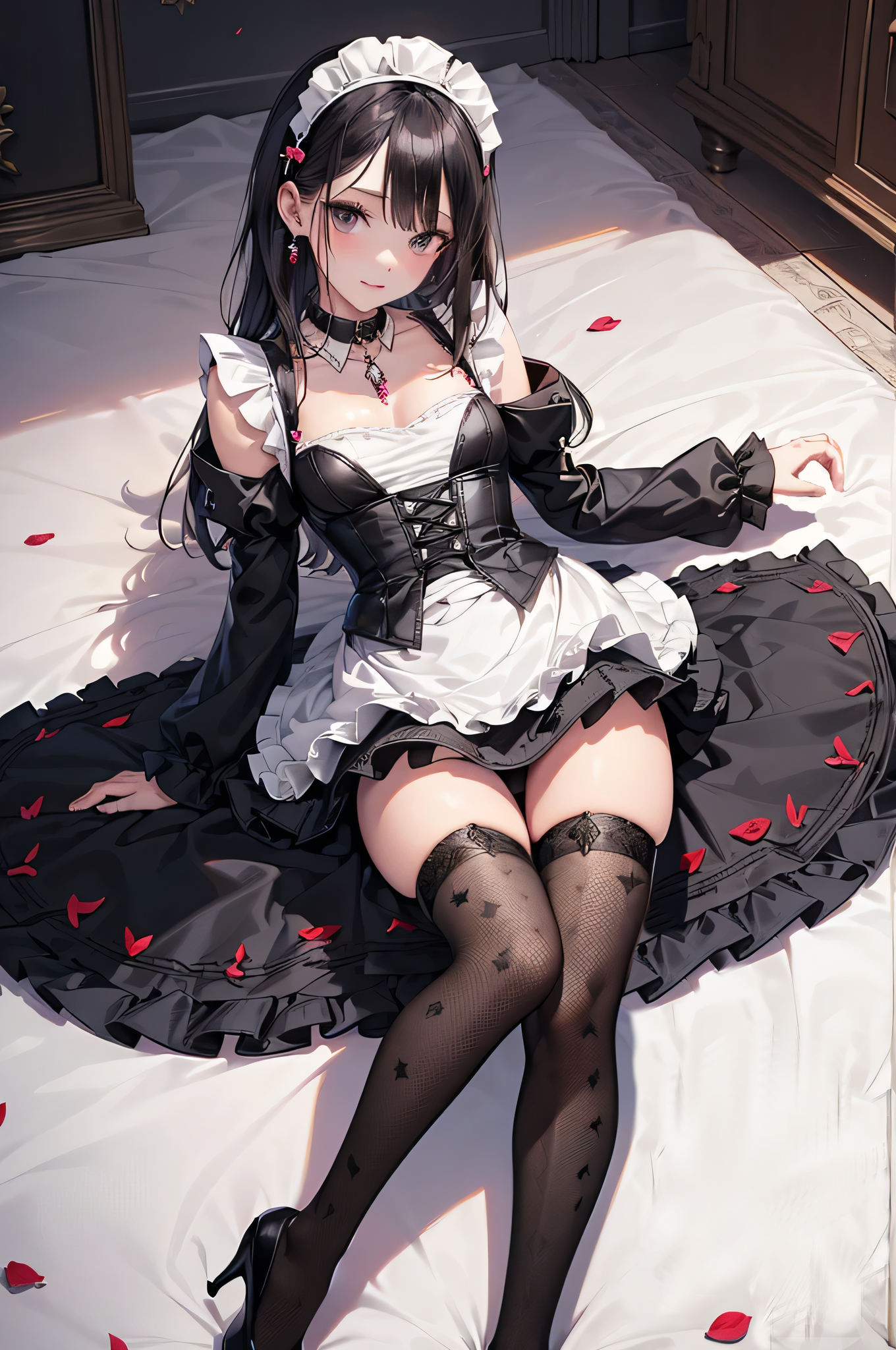 カラフルなメイド by アスヘノキボウ with maid, stockings, high heels, ai art, panchira, cleavage, bewitching thighs, beautiful girl, garterbelt