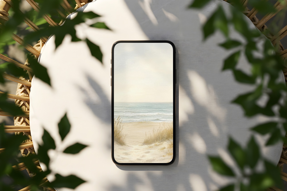 Whispering Coastal Breeze Summer iPhone Wallpaper — beige and blue coastal scene