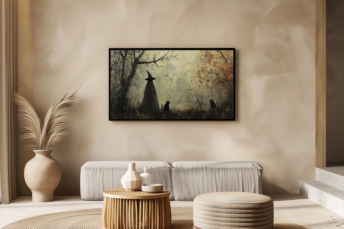 Forest Witch and Feline Companions Halloween Frame TV Art