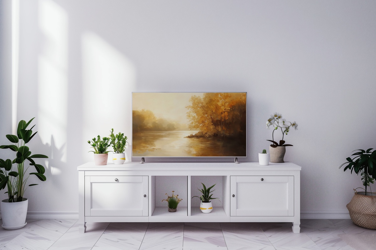Tranquil Autumn River Flow Landscape Frame TV Art