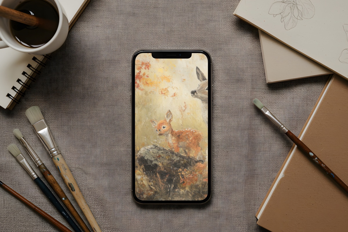 Deer Forest Family in Harmony Fall iPhone Wallpaper