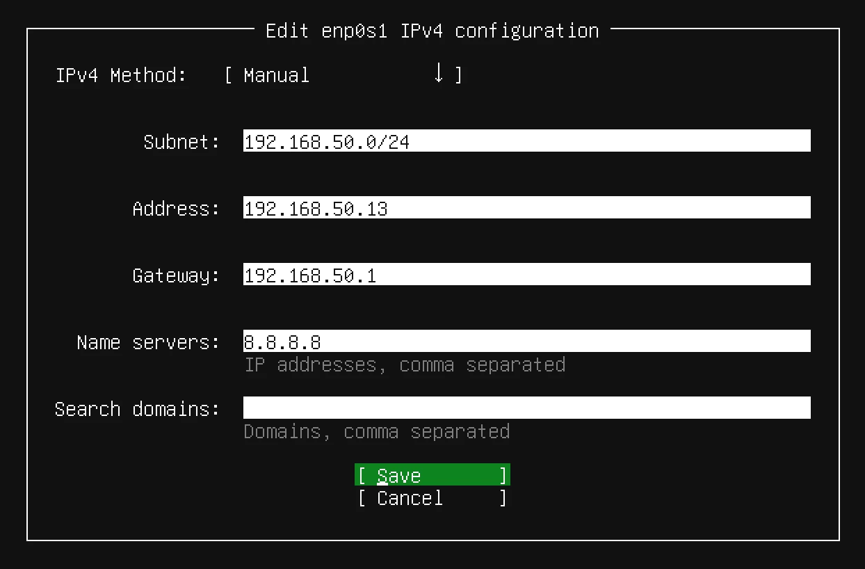 Edit enp0s1 IPv4 configuration > Address: 192.168.50.13/24