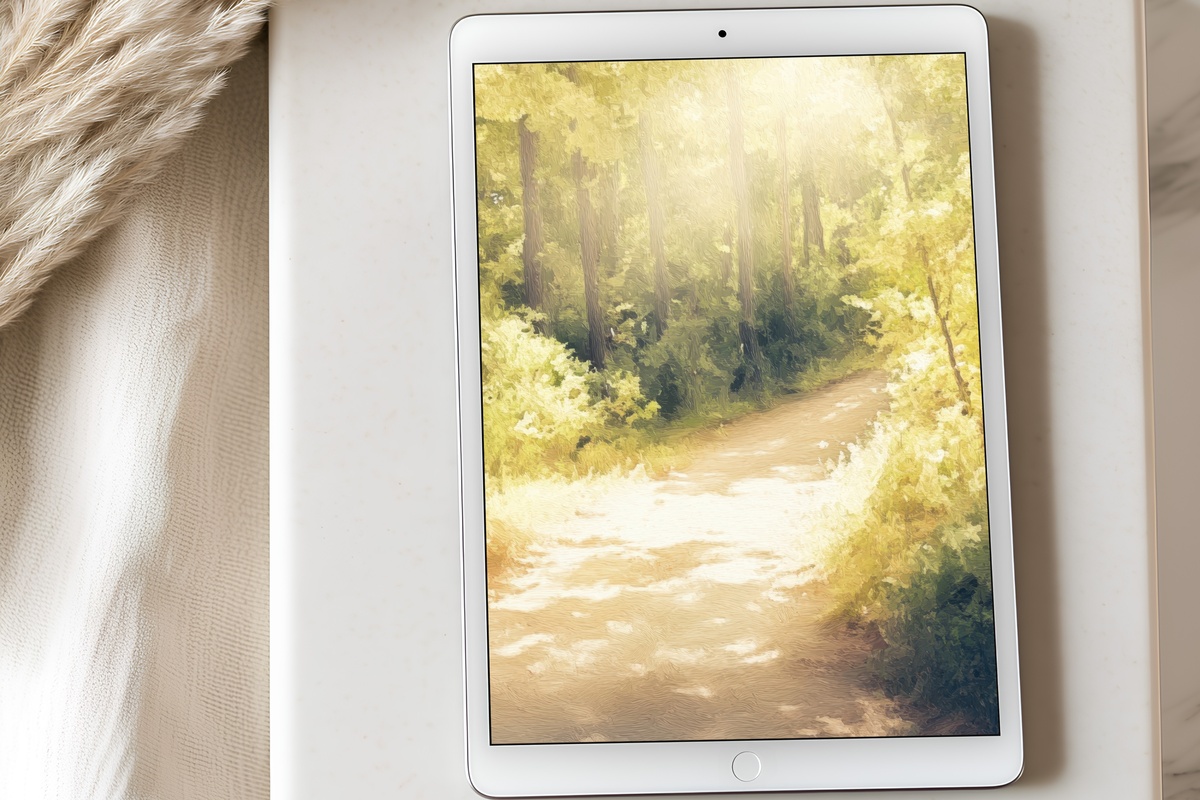 Sunlit Forest Journey Vintage iPad Wallpaper - dappled woodland light in warm gold-green