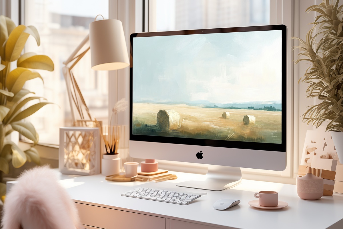 Hay Bales in Landscape Tranquility desktop wallpaper with impressionist pastoral field in golden tones