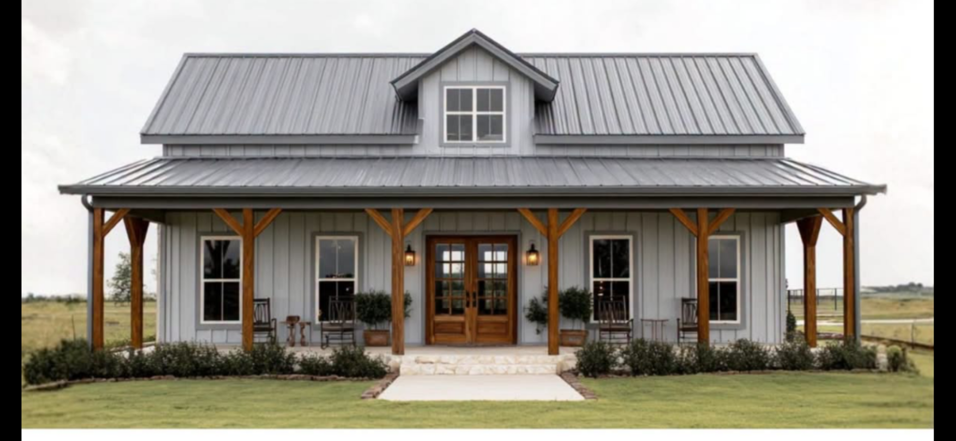 One-story house with a gray metal roof, timber porch posts, and a centered dormer, brought in as the exterior reference