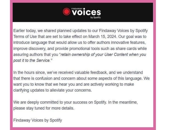 Findaway response to new terms