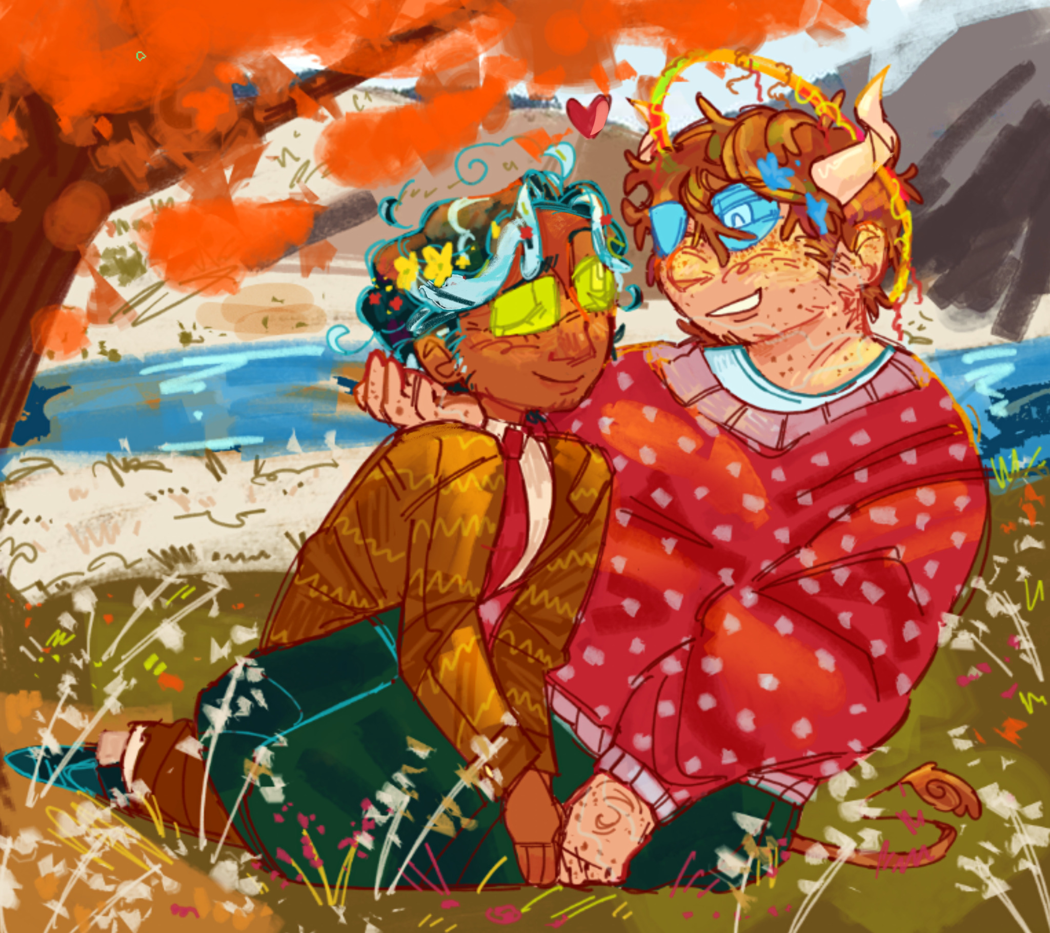 A digital painting of Jon and Martin sitting curled together in a field beneath a tree. The colors are autumnal, reds and oranges and yellows. Martin has horns, a halo, and a tail and is smiling, and Jon is looking at him with a smitten expression. There is a heart drawn between them.