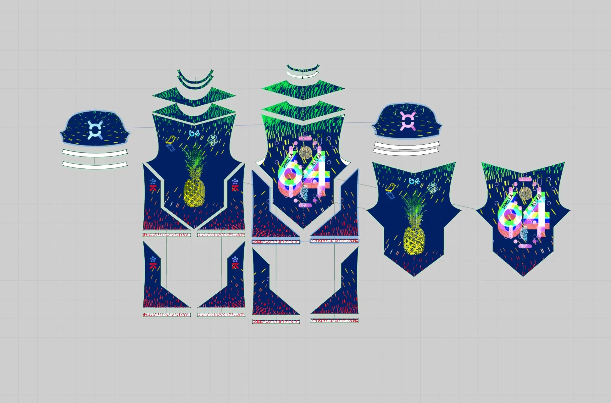 Digital fashion design flat layout showing all garment pattern pieces for the Pinilla Allen number 04 navy blue jersey including front back and sleeve panels with pixel pineapple graphic colorful confetti print and matching bucket hat components displayed in CLO3D garment software