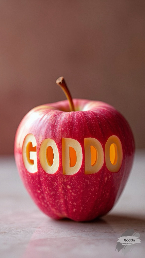 photorealistic image of a neon pink apple with a carved shape of the text "GODDO" on its side. The carving should be simple, removing the apple's outer red layer to reveal the pale inner flesh in the shape of the text "GODDO". The carving should be simple, showing the features of the text, making it look as if the text shape is playfully etched into the apple. The apple should be placed on a simple surface with natural lighting to enhance the realism and focus on the simple carving