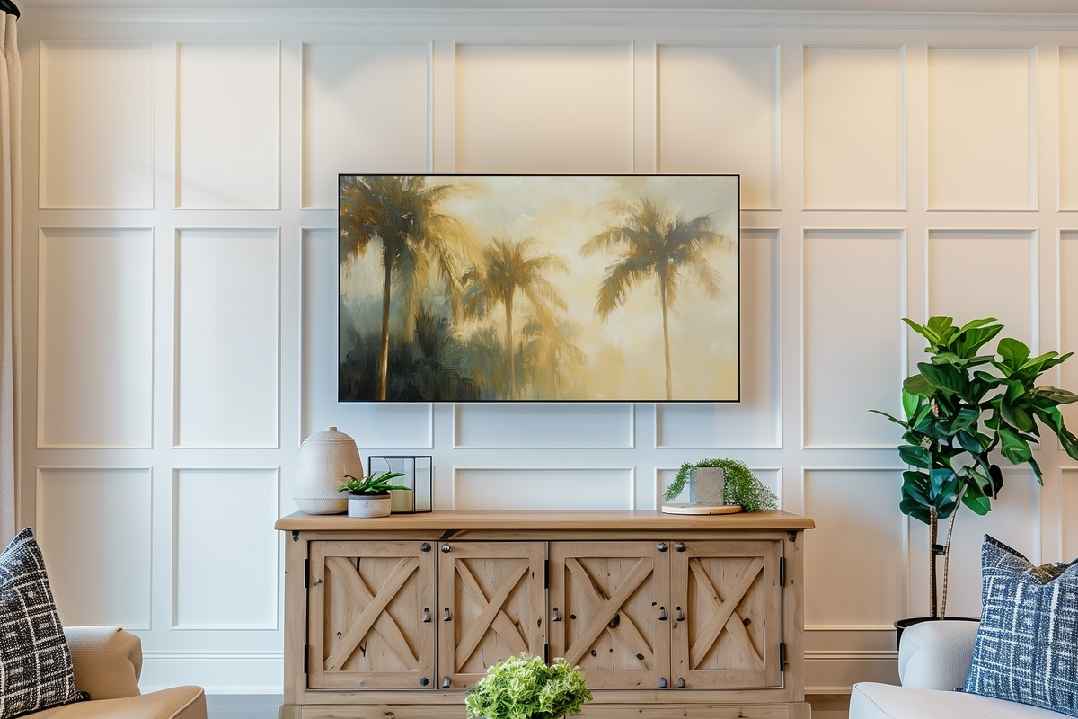 Emerald Dreams of Palm Summer Frame TV Art — golden palms bathed in summer light