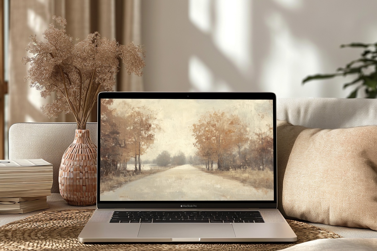 Pathway Through Autumn Peace fall desktop wallpaper with a leaf-strewn path in warm honey and sage tones