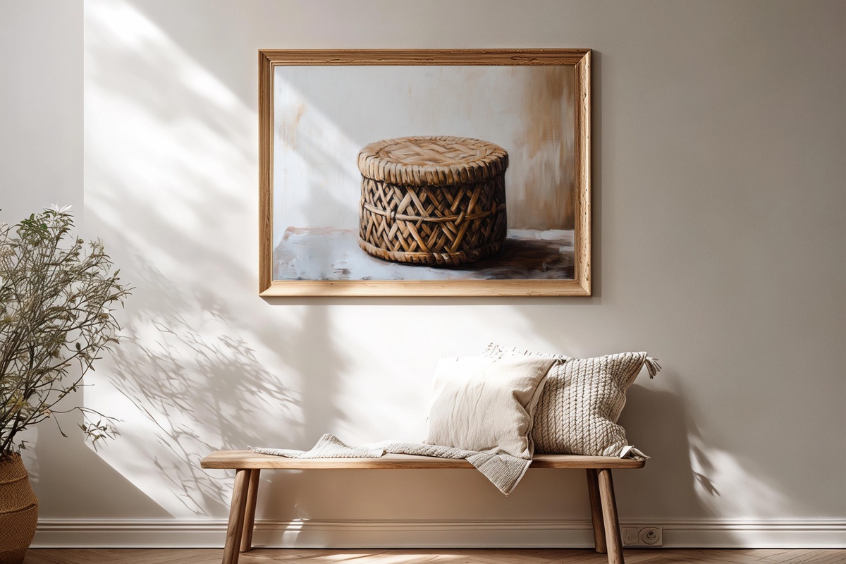 Artisanal Woven Whimsy boho printable wall art with woven stool