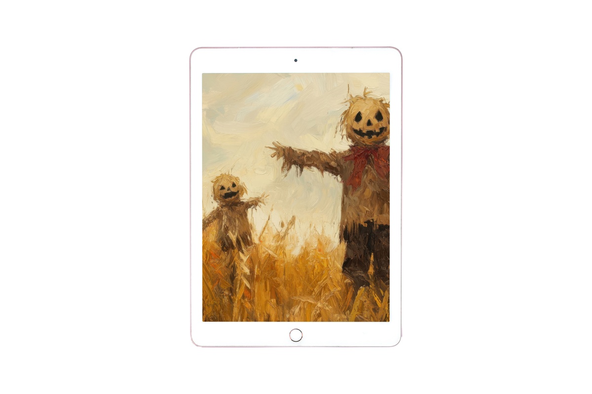 Cornfield Scarecrow Guardians Halloween iPad Wallpaper — soft amber and straw tones with scarecrow figures in an autumn field