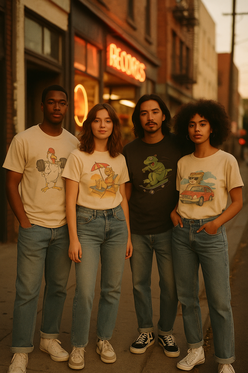 Diverse group wearing stylish funny graphic T-shirts in urban setting