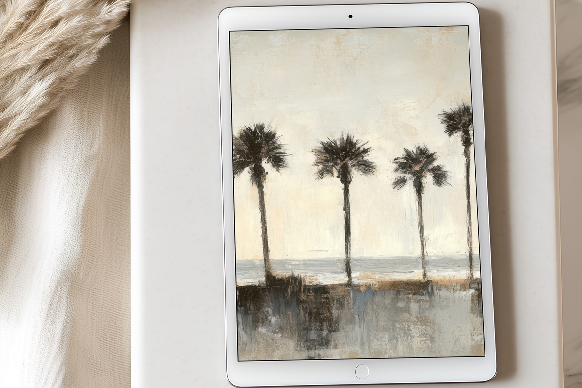 Palm Horizon Serenity Coastal iPad Wallpaper in soft pastels